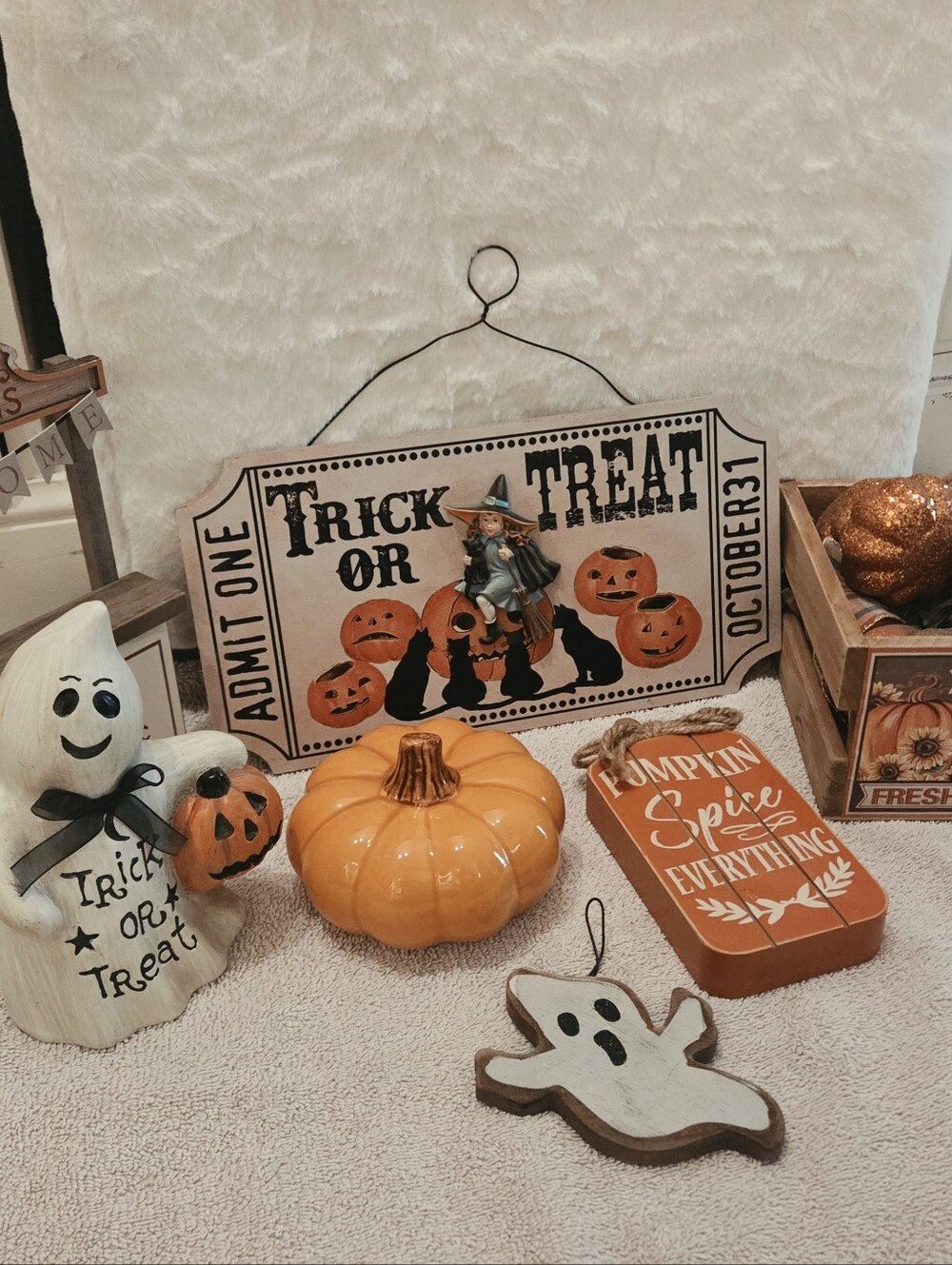 Trick or Treat Halloween Sign with Pumpkin Decor - Orange, White, Black